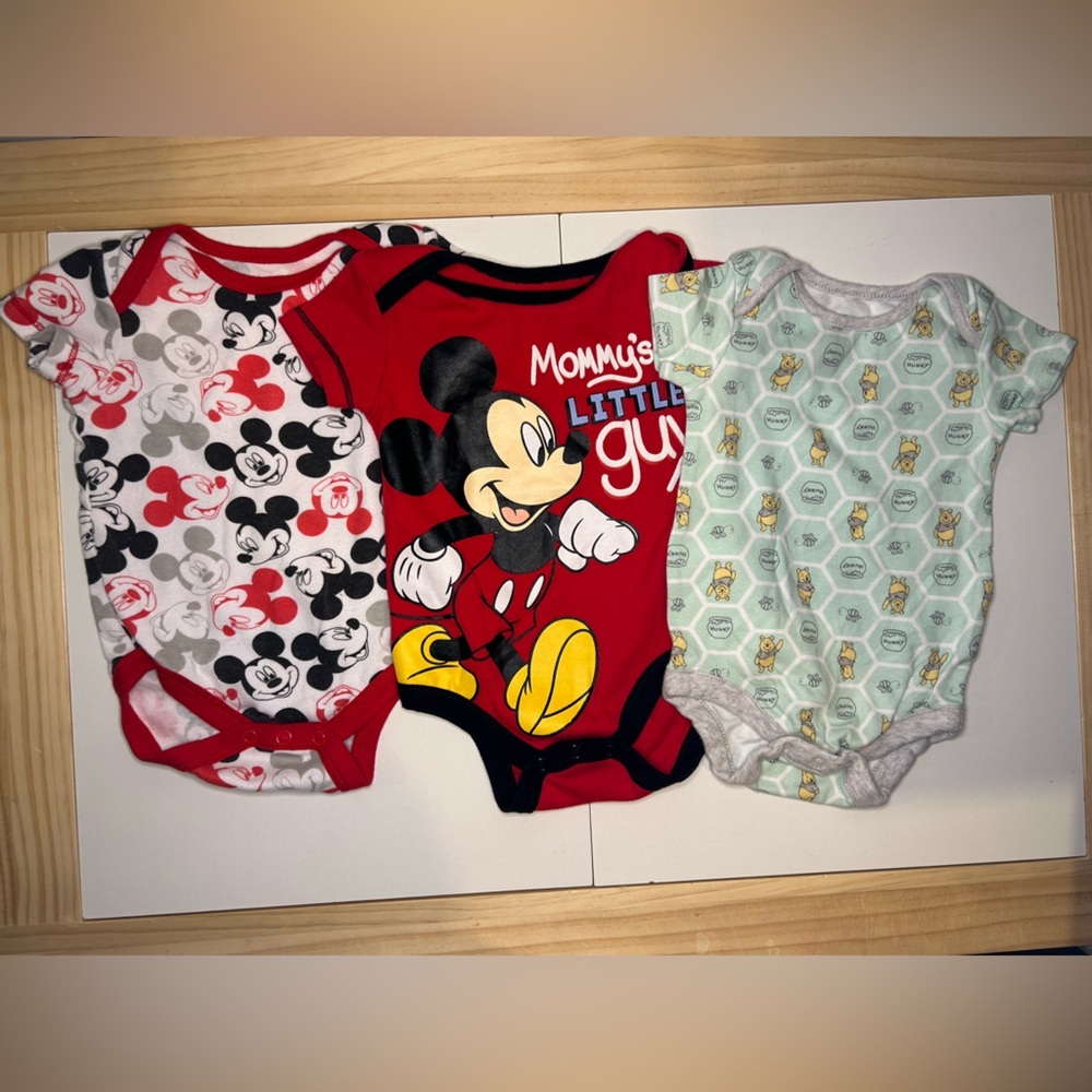 3 Piece Disney Onesies Mickey Mouse x2 and a Winnie The Pooh